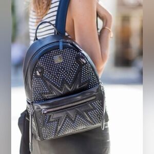 Authentic MCM Stylish Black Studded Backpack And Crossbody